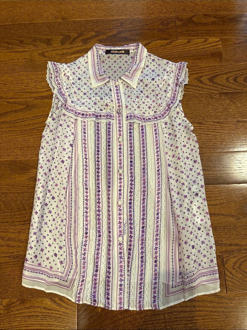 Roberto Cavalli White & Purple Floral Sleeveless Button-Front Top